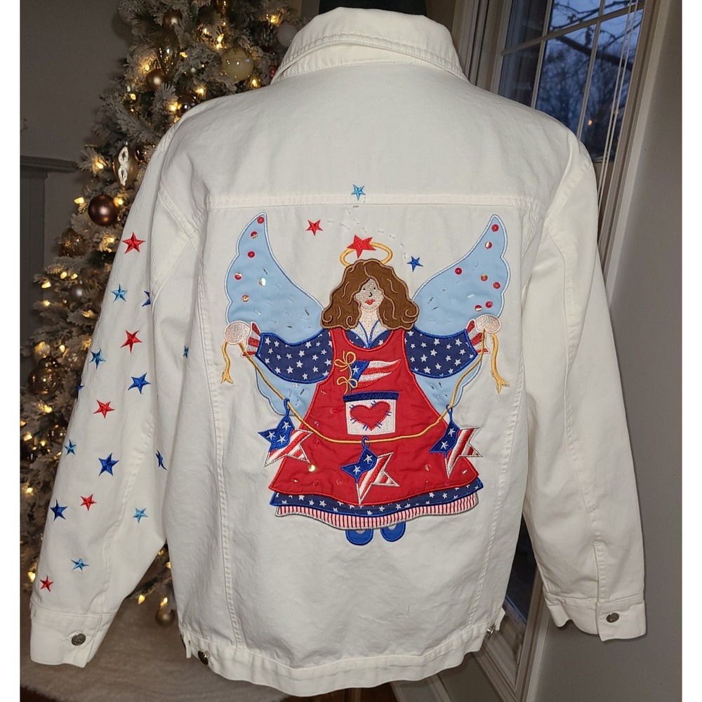 Quacker Factory Jacket White Denim Angel Embroidered Stars Buttons Pockets Sz 1X
